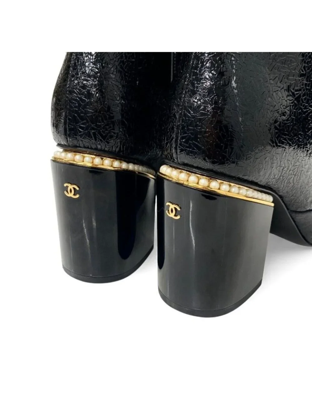 Chanel Short Boots Shoes Leather Fabric Black Gold CC Logo Pearl - Picture 9 of 10